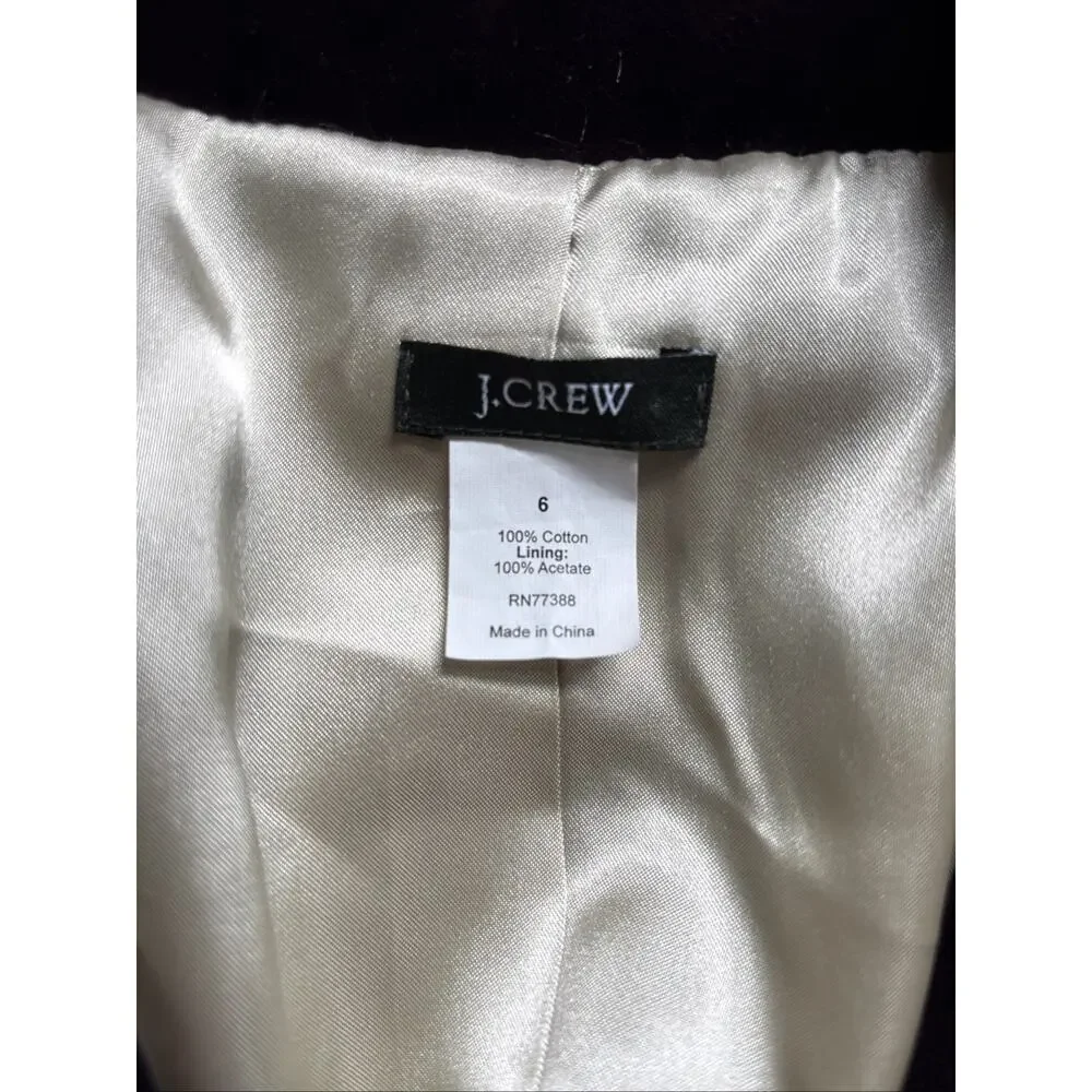 J. Crew Velvet Blazer Jacket Women's 6 Purple Fitted 100% Cotton Y2K Preppy